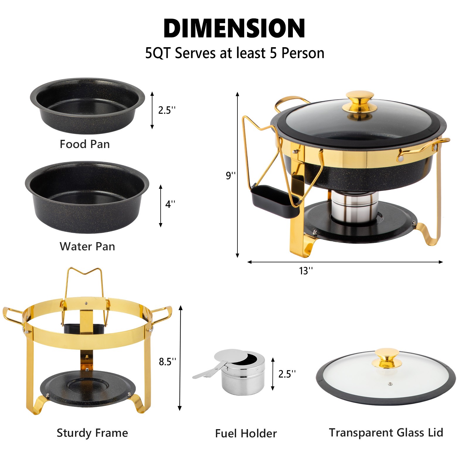 4-Pack 5QT Chafing Dish Set with Visible Glass Lid & Removable Lid Holder Black