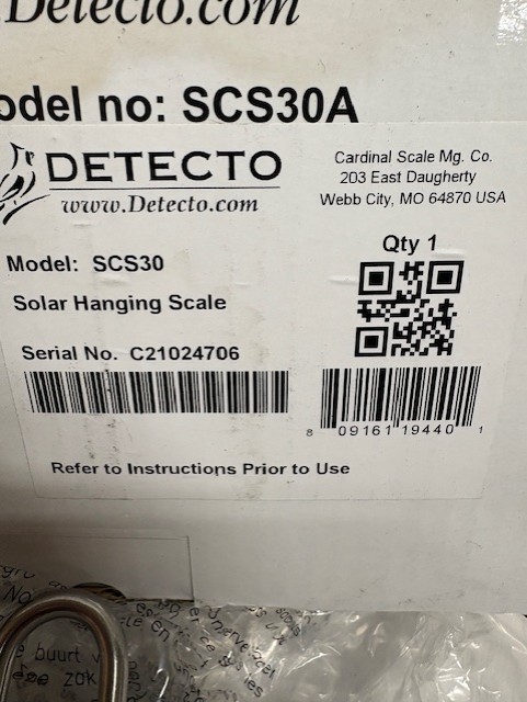 Detecto Solar Hanging Scale 30 lb./15kg Capacity SCS30 (#2) *