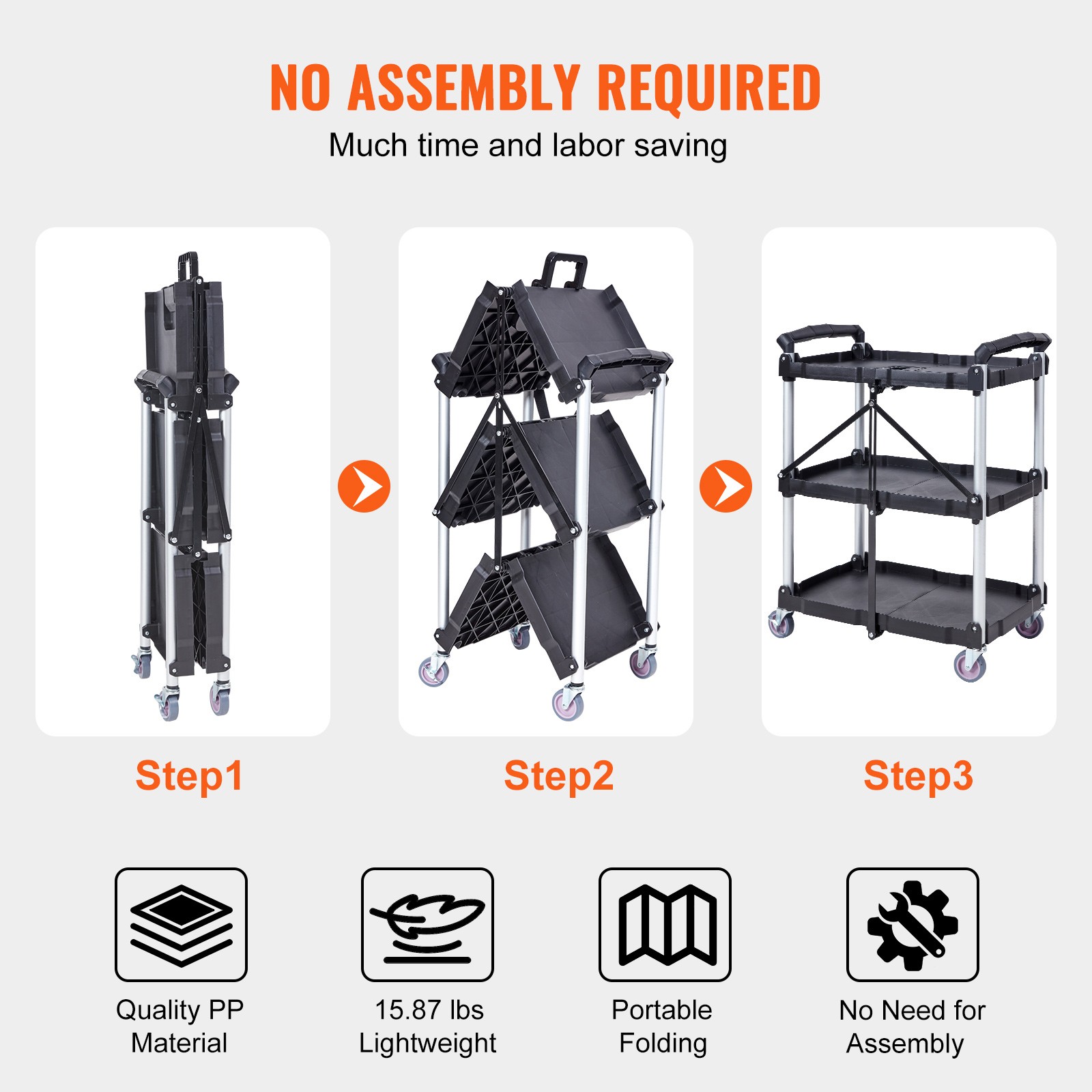 Uimoso Foldable Utility Service Cart 3 Shelf 165LBS with Swivel Lockable Wheels