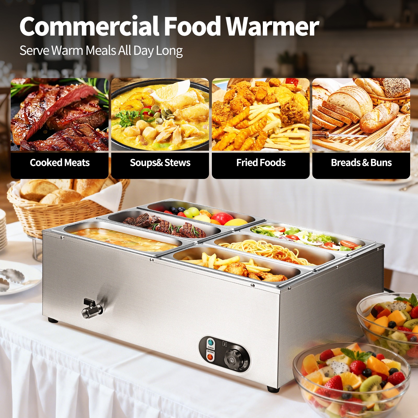 6-Pan 48Qt Commercial Food Warmer Countertop Buffet Bain Marie Steam Table 1500W