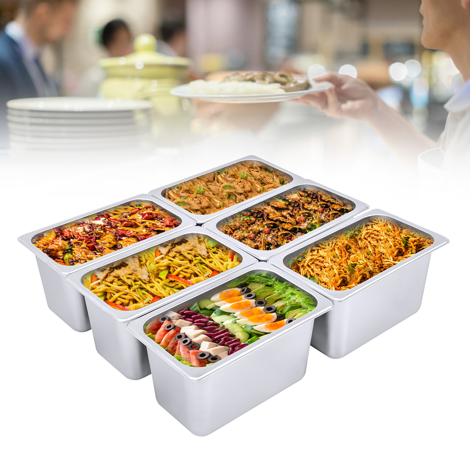 6 PACK 1/4 Size 6″ Deep Stainless Steel Steam Prep Table Hotel Buffet Food Pan