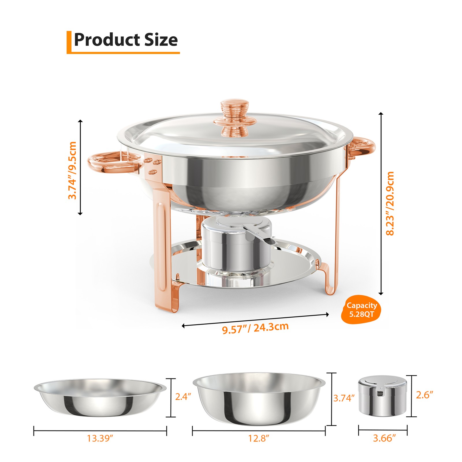 Rose Gold 5QT Chafing Dish Set 4 Pack Stainless Steel Buffet Warmer W/Lid Holder