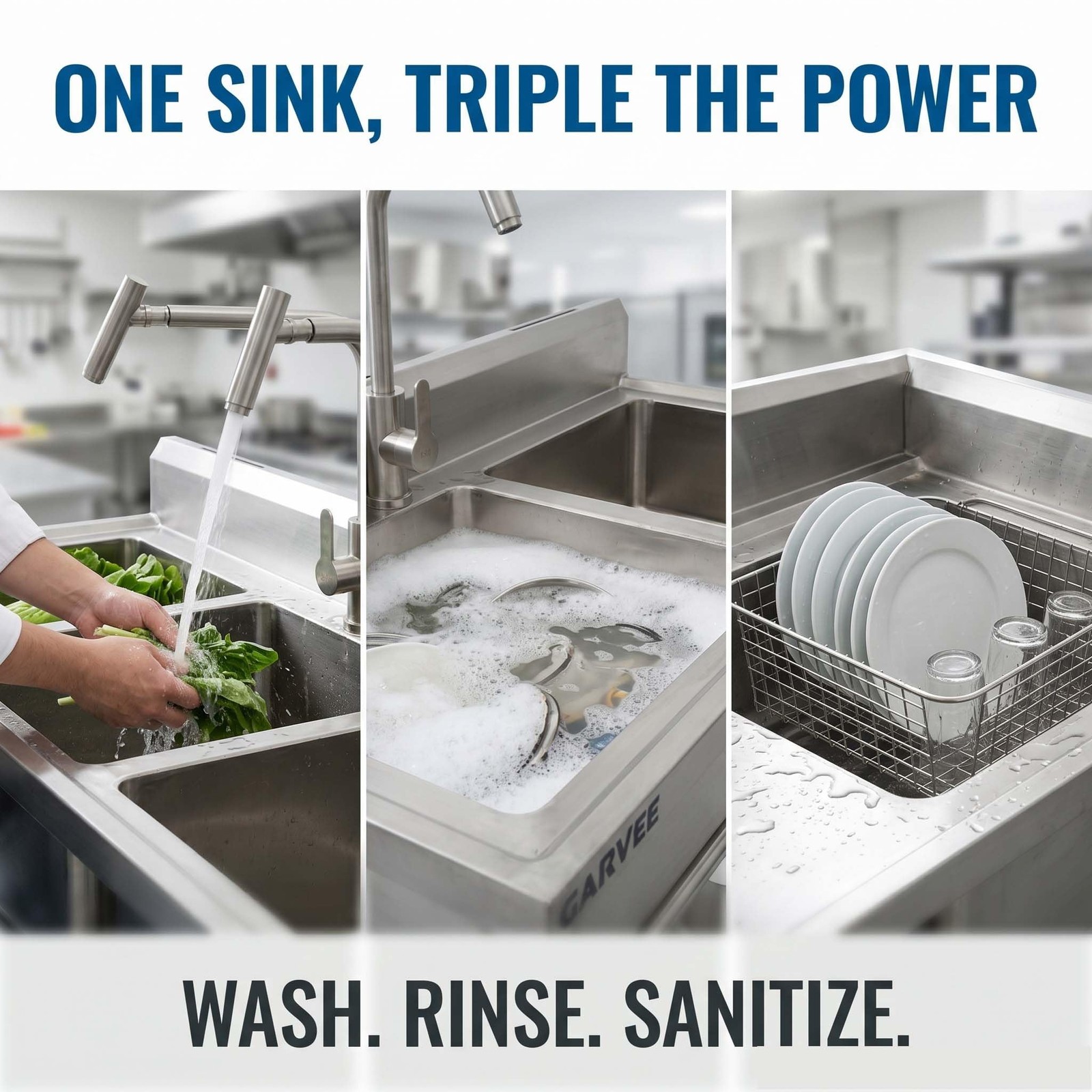 Stainless Steel Kitchen Utility Sink, Freestanding 3-Compartment Sink w/ Faucets