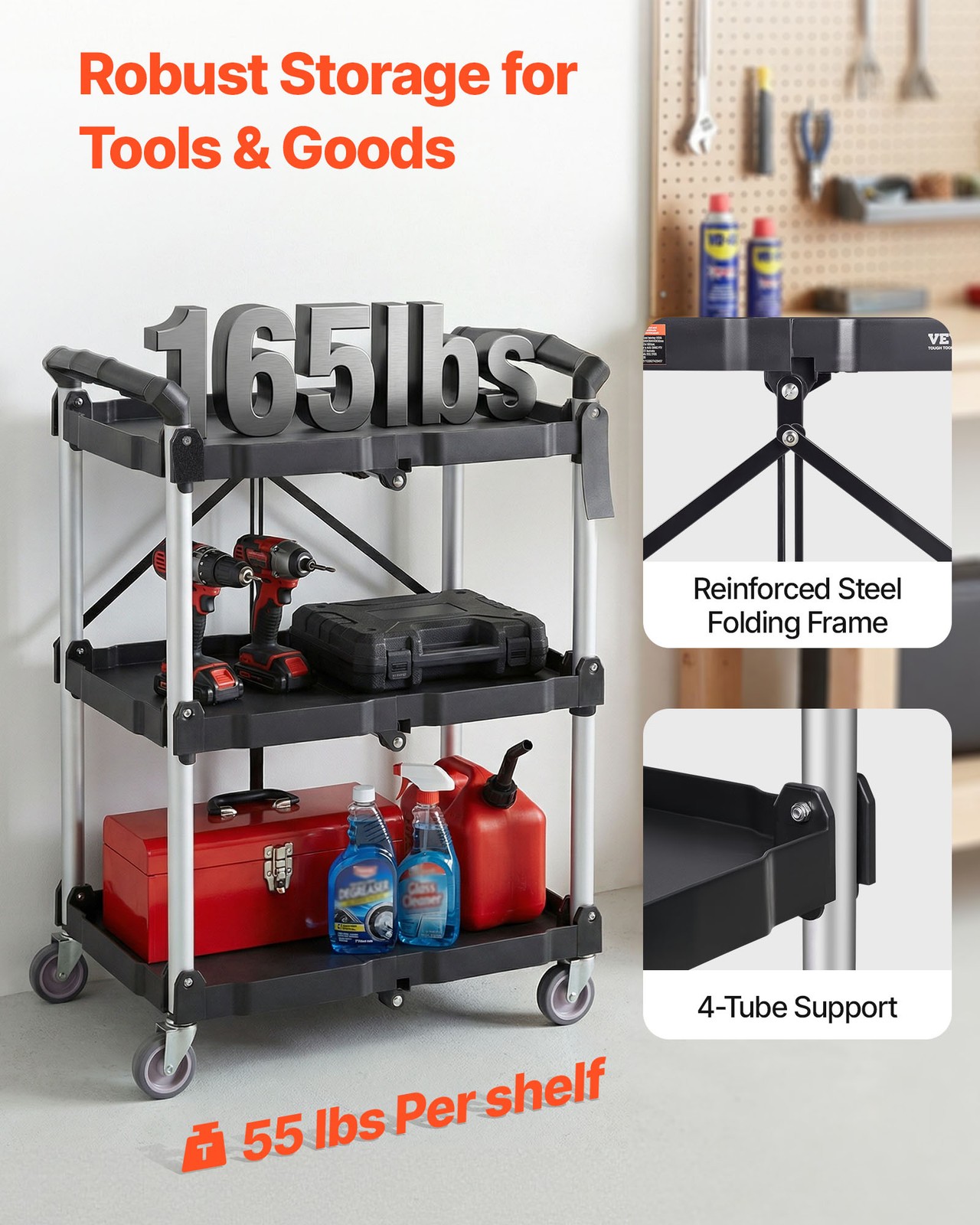 VEVOR Foldable Utility Service Cart 3 Shelf 165LBS with Swivel Lockable Wheels