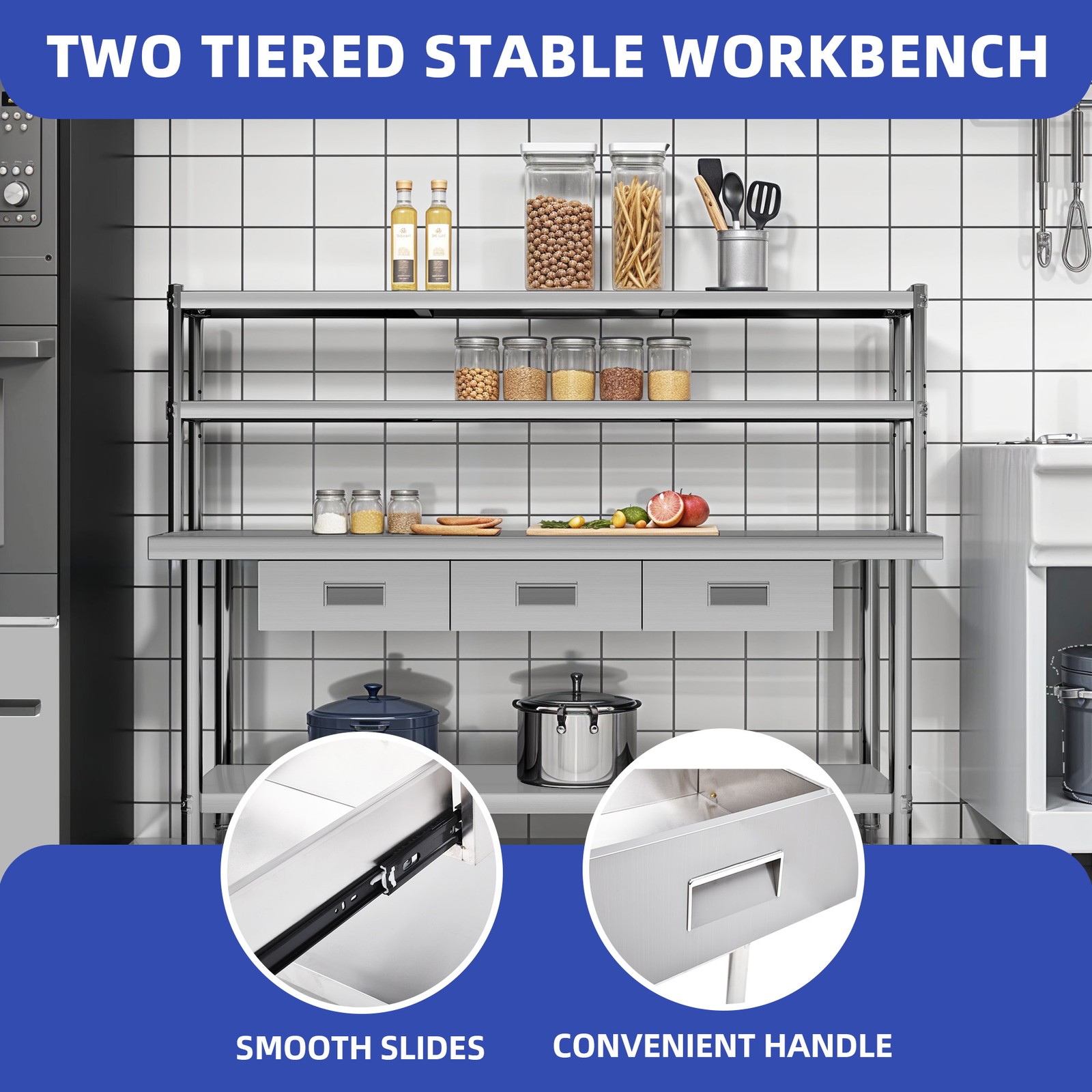 72″ X 24″ Worktable Stainless Steel Table with Overshelves with 72″ X 12″ Shelf