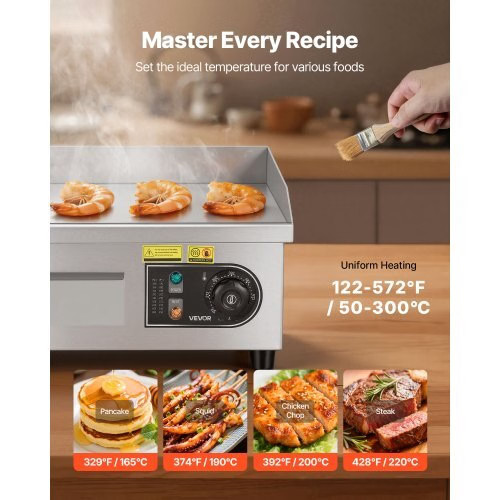 Commercial Electric Griddle, 13.98 x 11.81 inch, 1750W, 122-570°F Adjustable Te