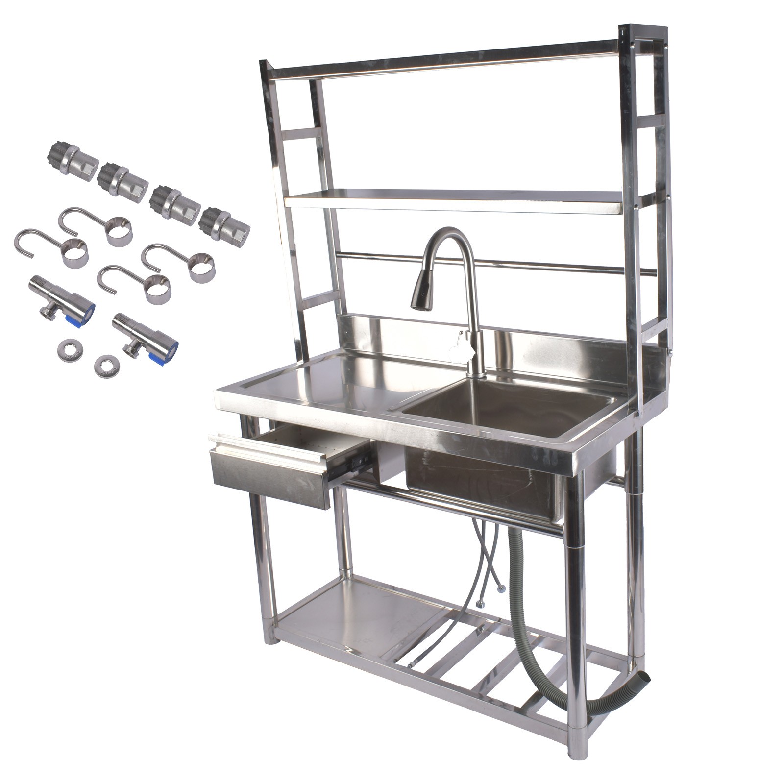 Stainless Steel Utility Sink Commercial Single Bowl Sink with Pull-Out Faucet