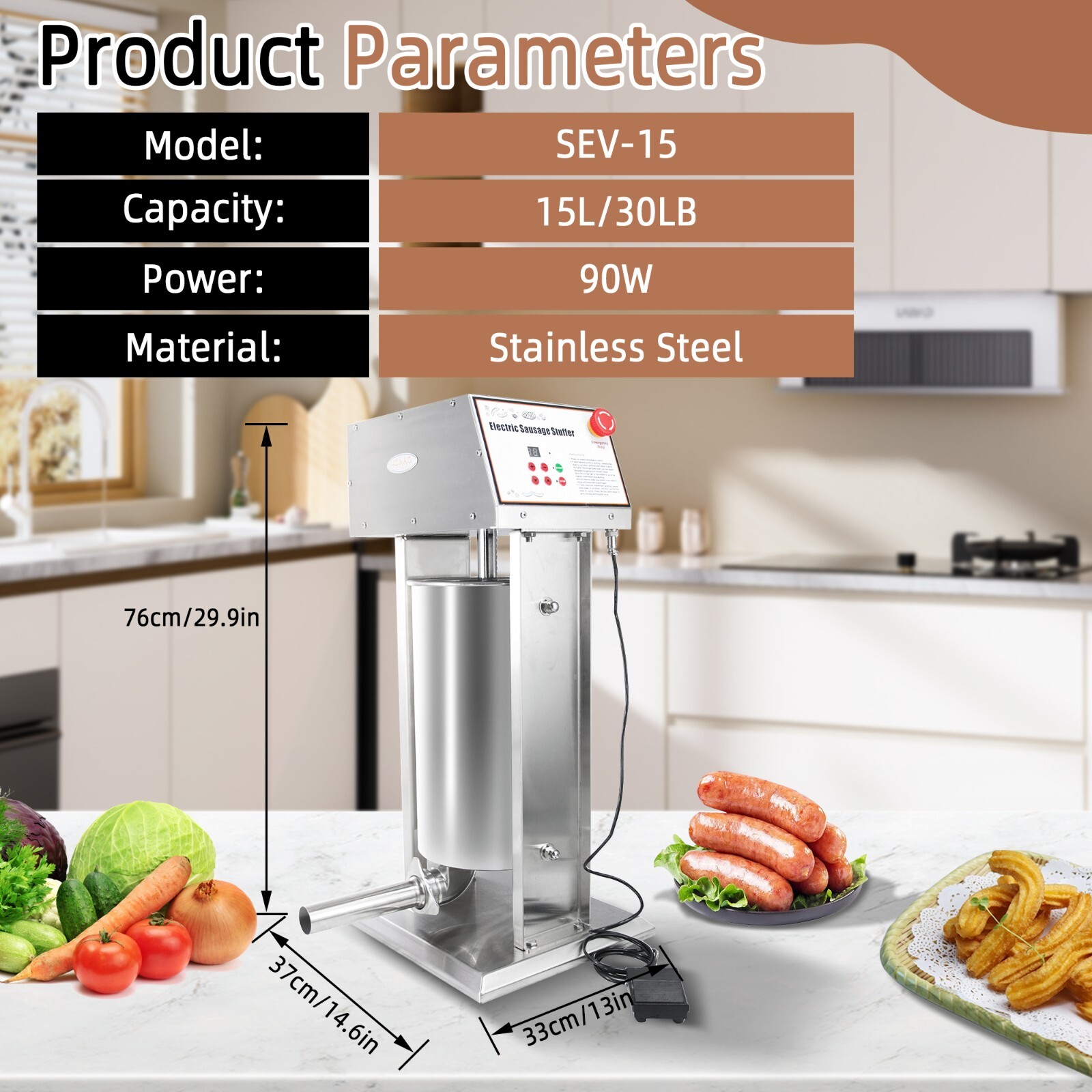 CMI Electric Sausage Stuffer 15L 30LBS Stainless Steel Restaurant Sausage Maker