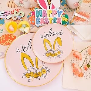 210Pcs Easter Plastic Plates,Pink Gold Party Plates with Bunny Egg Design