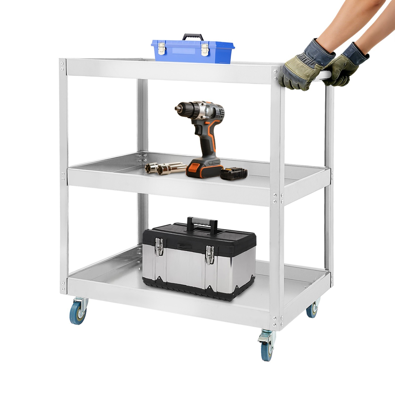 Stainless Steel Workshop Cart 3 Levels Multifunctional Cart W/ Wheels for Garage
