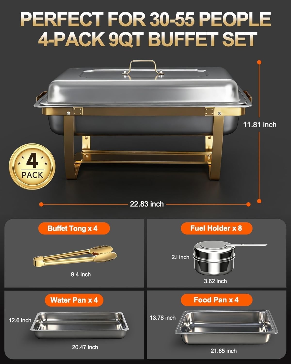 4-PK 9QT Rectangular Stainless Steel Chafing Dishes for Buffet w/ Lids