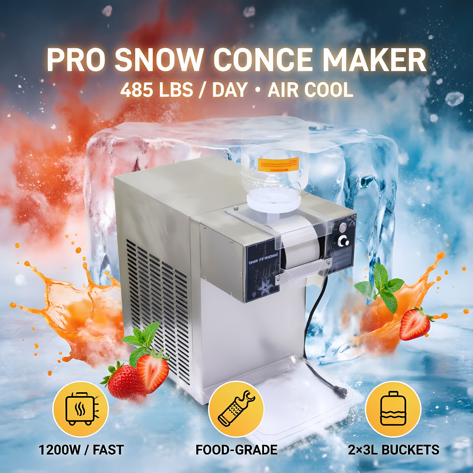 Snowflake Ice Machine Air Cooling 352-485lbs/Day Snow Ice Maker with 2 Buckets