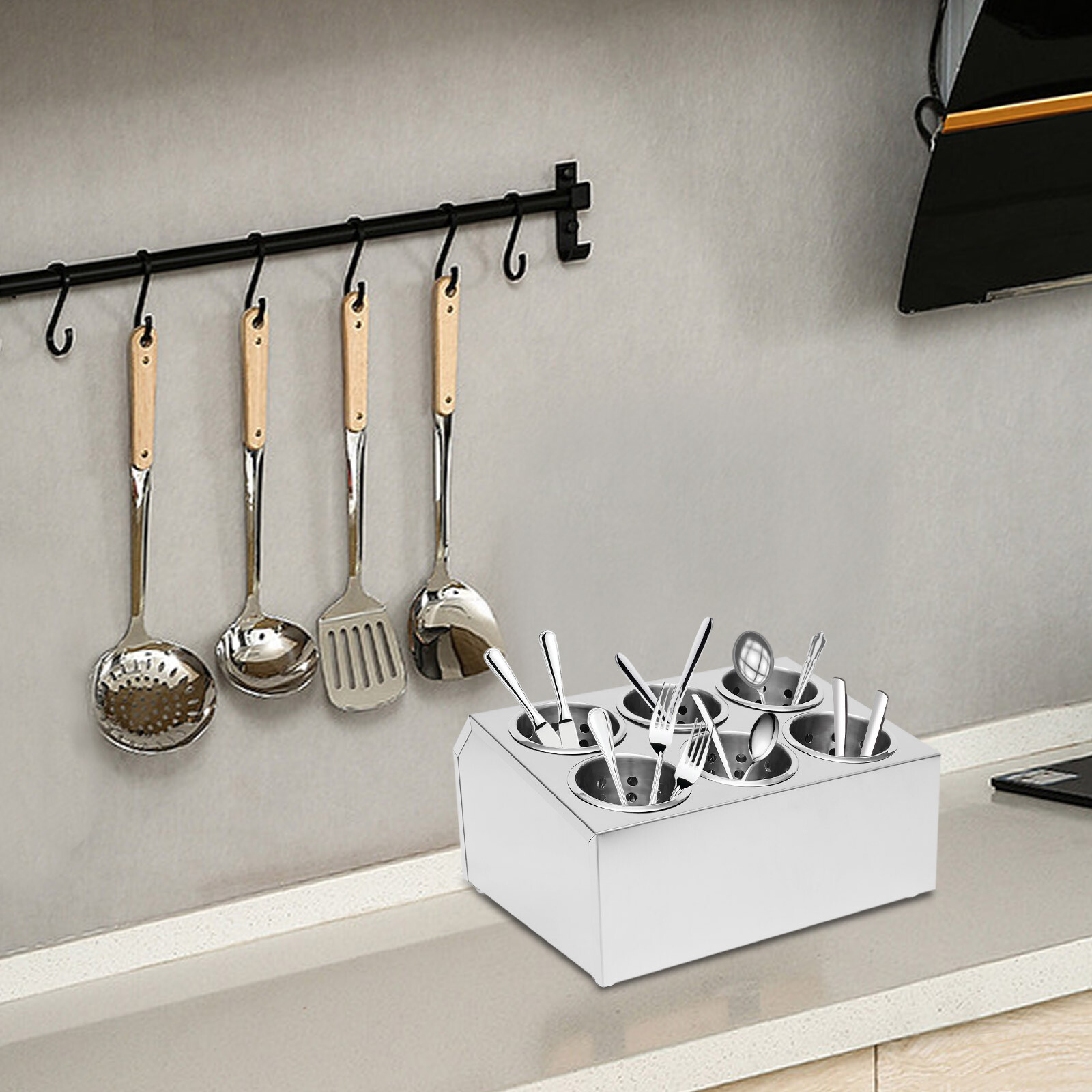 6 Holes Flatware Cylinder Holder Commercial Stainless Steel Utensil Storage