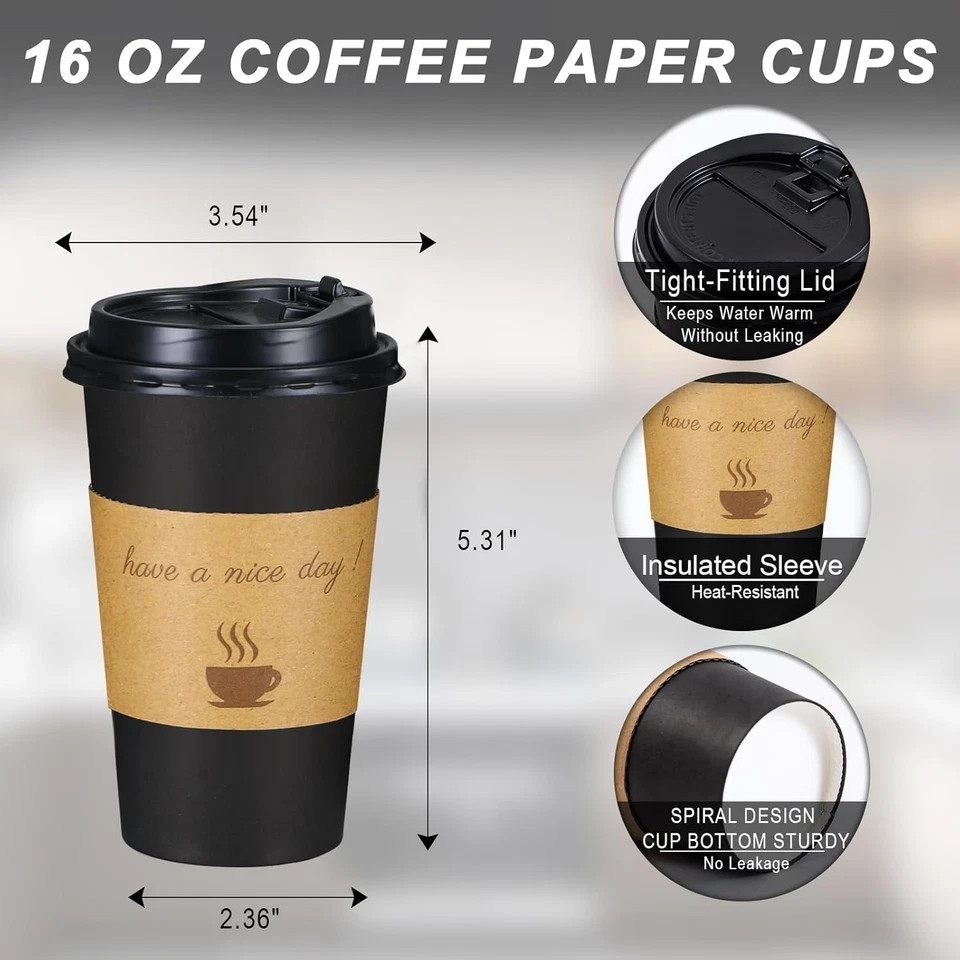 16 Oz Coffee Cups 50 Pack, Disposable Coffee to Go Cups with Lids, Stir Sticks a