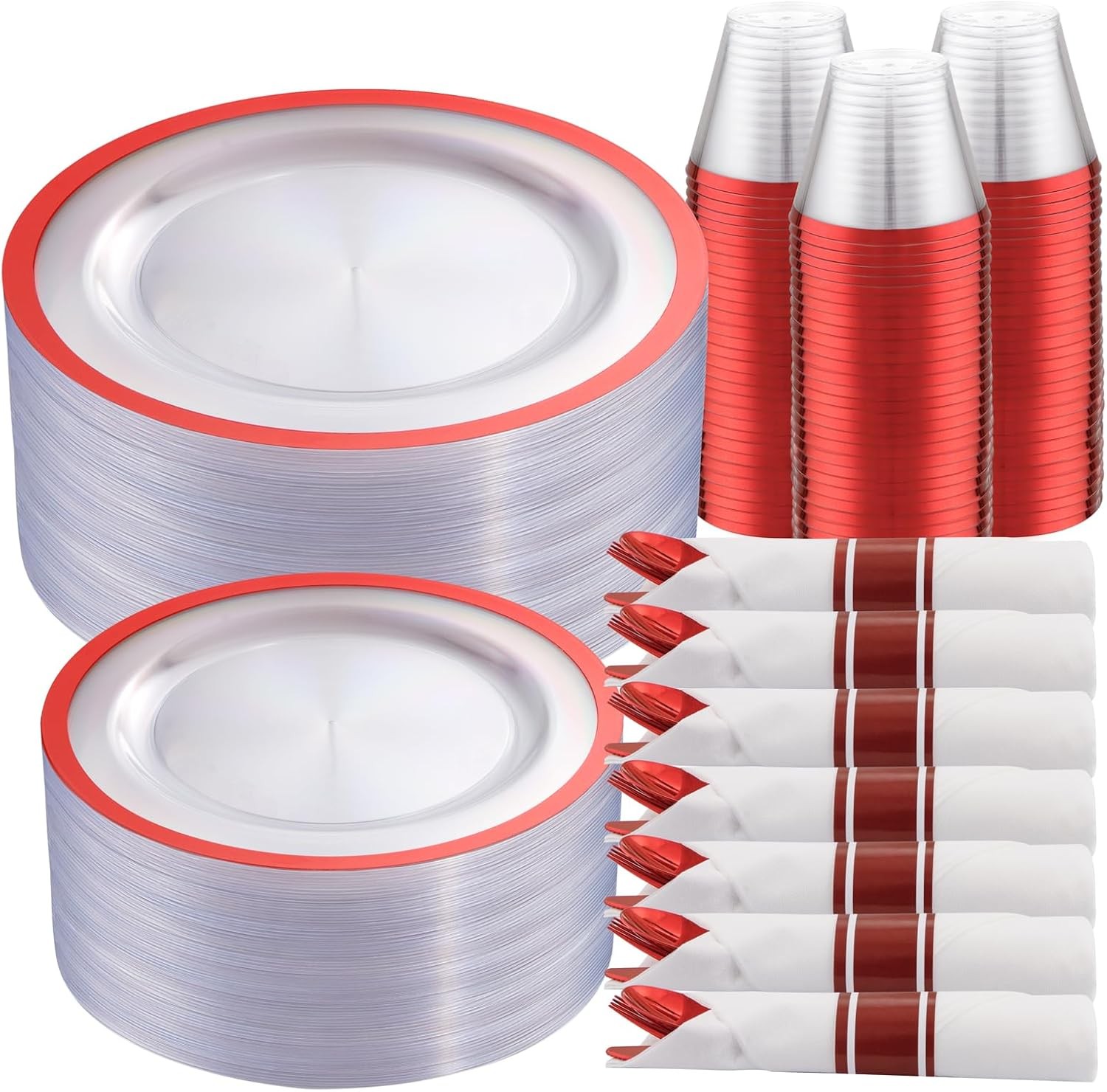 210 Pcs Red Plates Set,Clear and Red Plastic Plate Include 60 Plates,30 Cups,30
