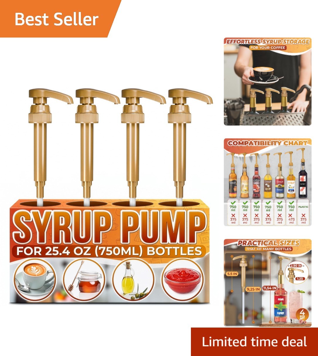 High-Quality Drip-Free Syrup Pump for Various Liquids – 4 Pack with Gold Finish