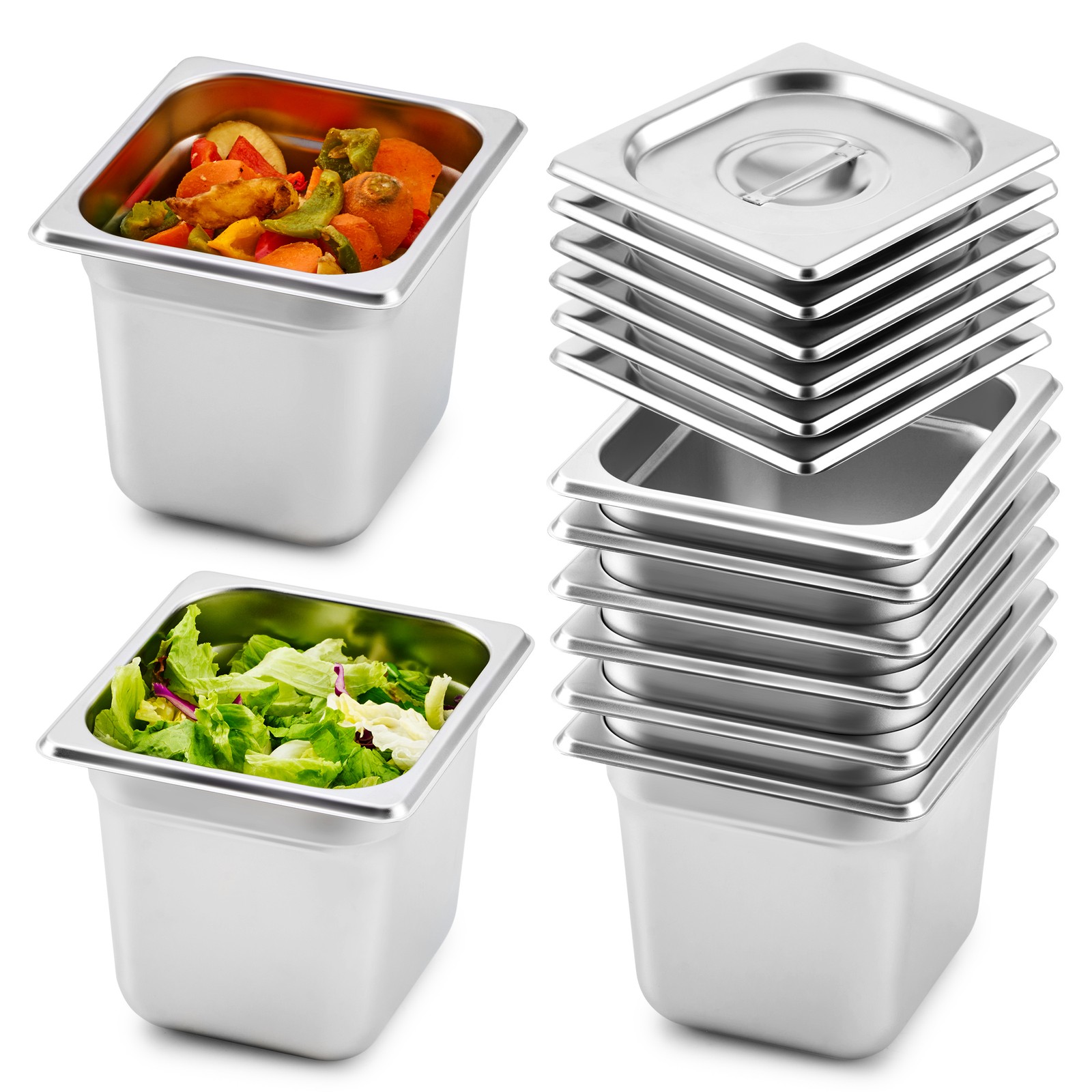 WILPREP 6 Pack 1/6 Size 6 in Deep Stainless Steel Steam Table Pans W/ Lids