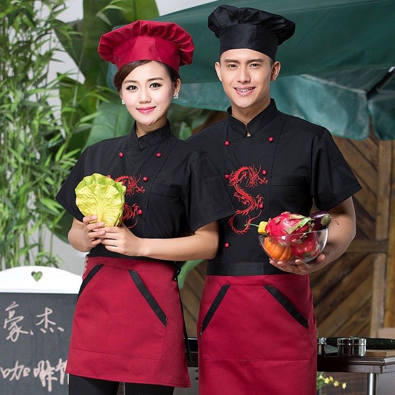 Men Women Chinese Dragon Printed Chef Apparel Uniform Jacket Coat Food Service