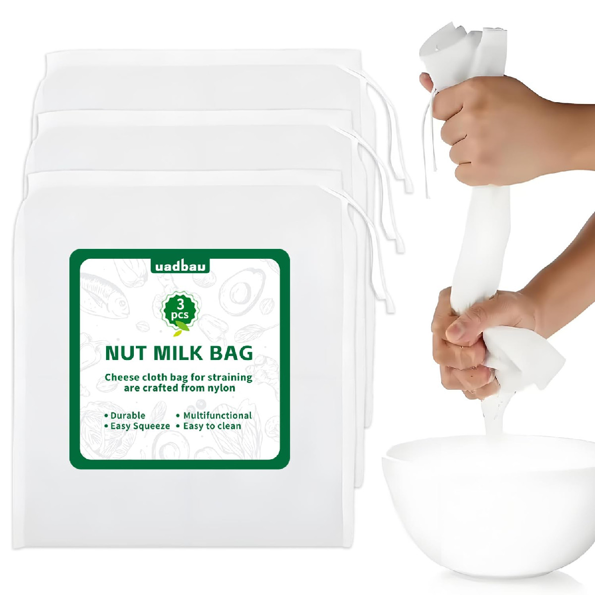 Uadbau 3Pcs Cloth Bag For Straining 200-Mesh 12 X 12 Inches Nylon Nut Milk Bag