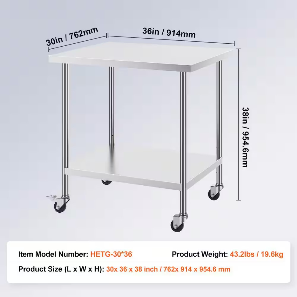 Stainless Steel Work Table 30 X 36 X 38 In. Silver Kitchen Prep Table with 4 Whe
