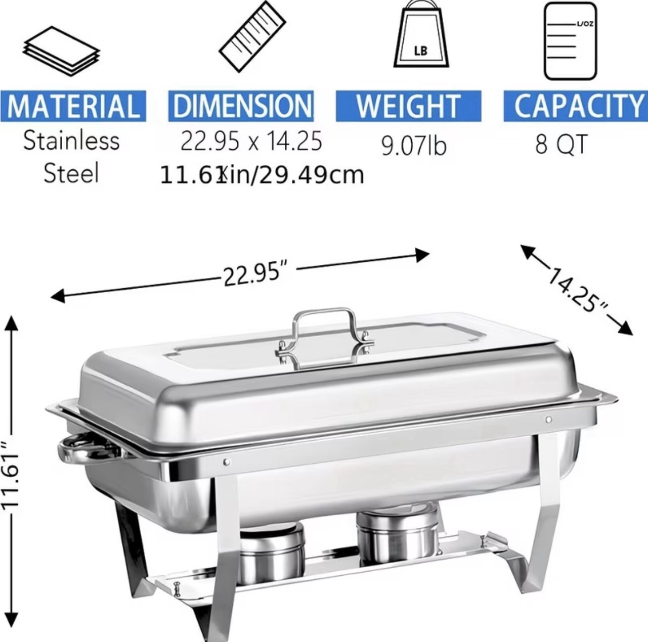 Stainless Steel Full Size 8 Qt Rectangle Chafing Dish Lift-Off Lid Commercial