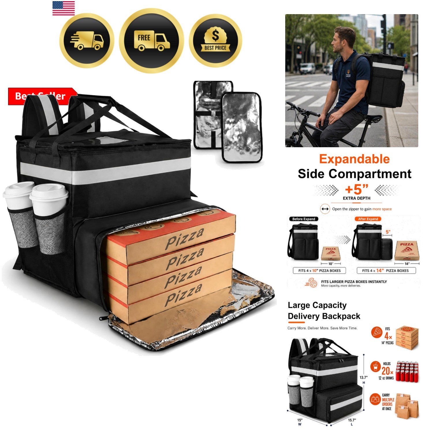 Food Delivery Backpack, Large Insulated Pizza Delivery Bag for DoorDash/Uber …