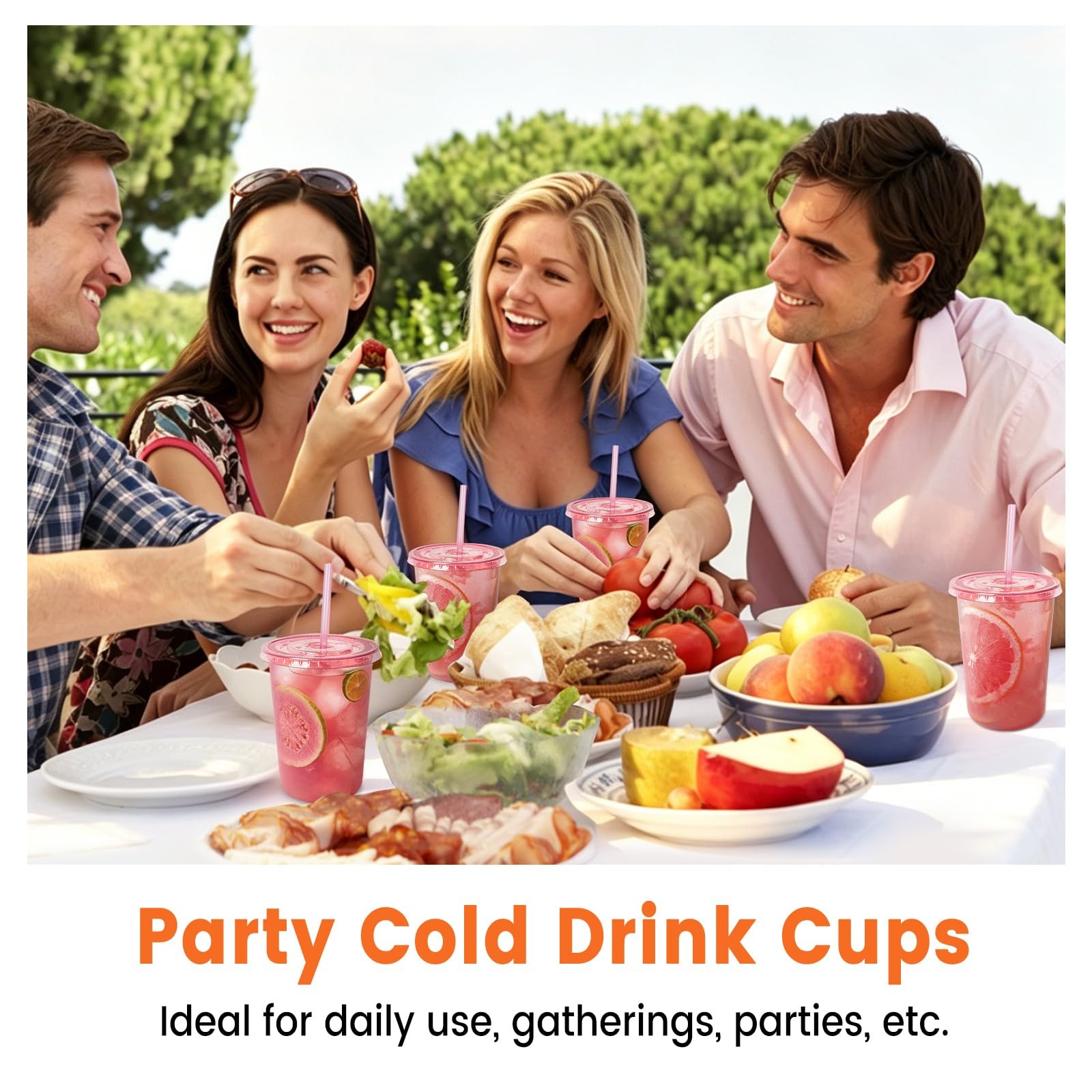 [100 Sets – 16oz Round Bottom Pink Plastic Cups with Lids and Straws, Disposa…