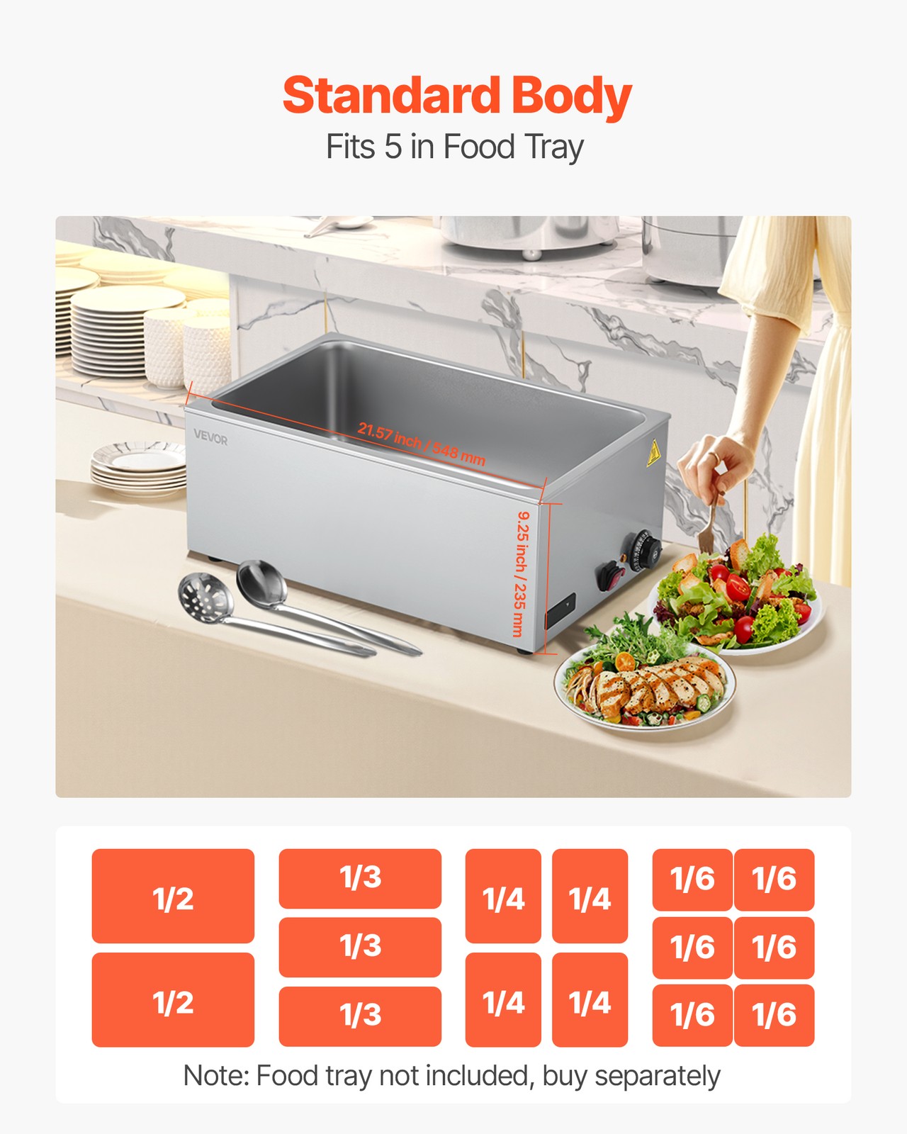 VEVOR Commercial Food Warmer Countertop Buffet Bain Marie 1200W Steam Table