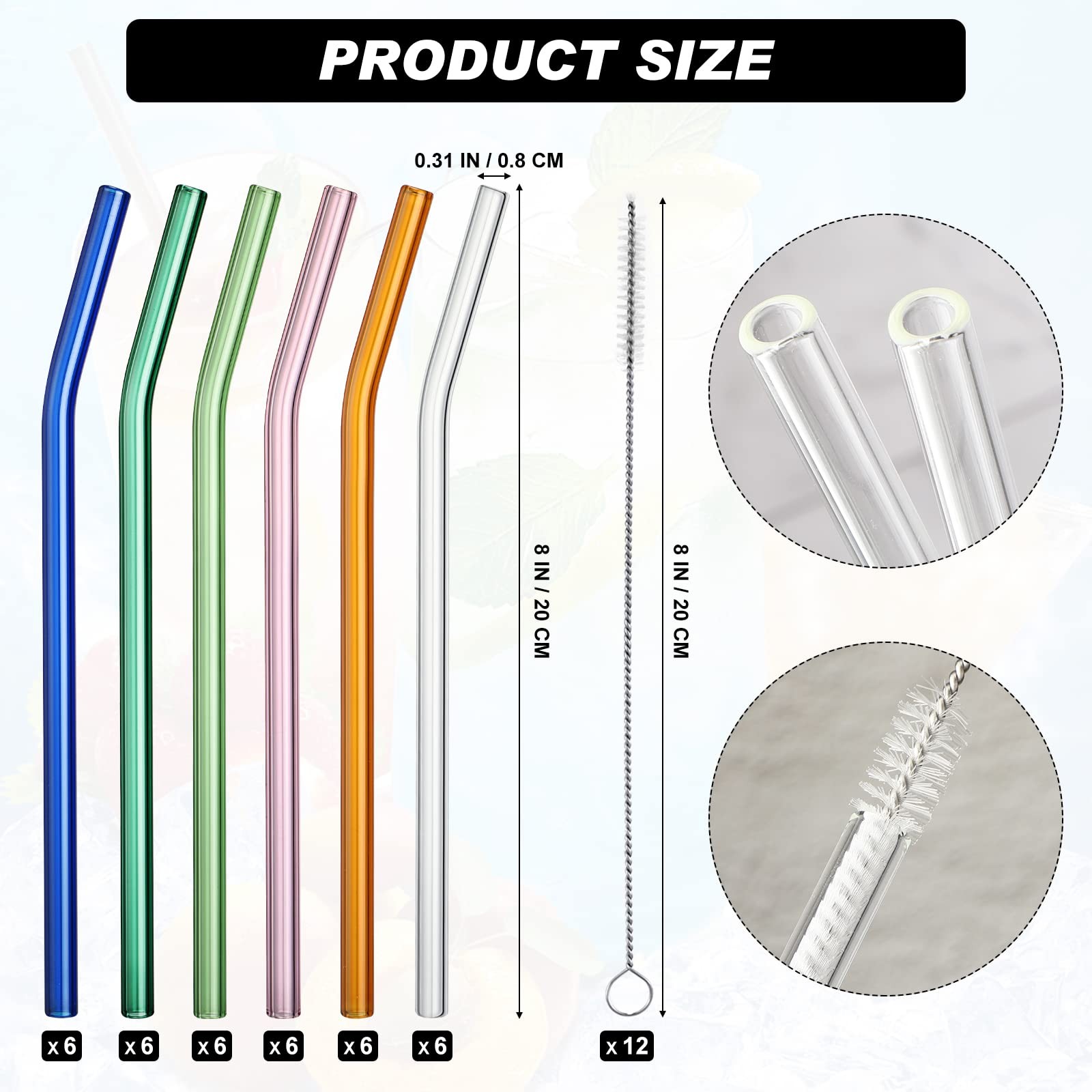 Hosuly 36 Pcs Reusable Glass Straws Bulk 8″ x 8 mm One Size, Bright Color