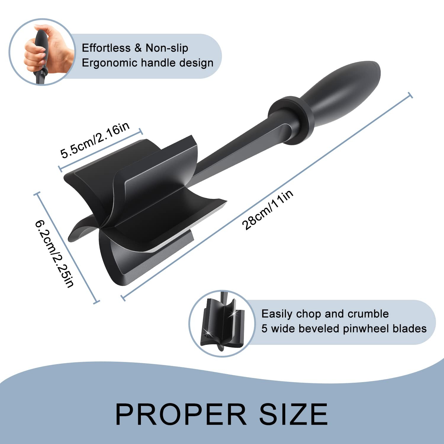 Meat Chopper, 5 Curve Blades Ground Beef Masher, Heat Resistant 1Pack, Black