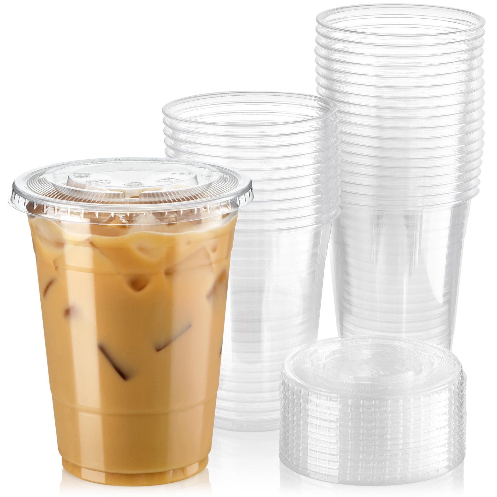 50 Pack 16 oz Clear Plastic Cups with Flat Lids Disposable Iced Coffee Cups