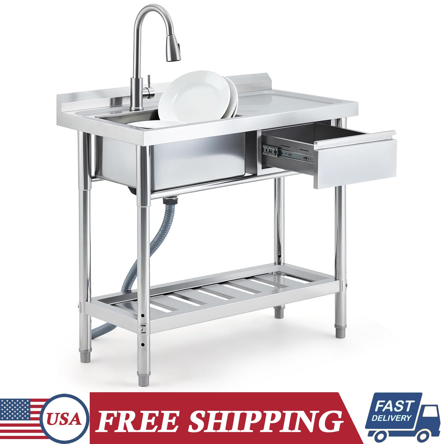 Stainless Steel Kitchen Sink 39» Single Bowl Utility Sink w/ Workbench & Drawer