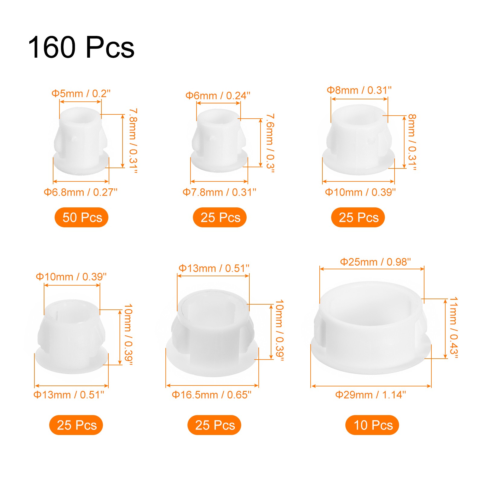 Nylon Plastic Hole Plug, 160Pcs 6 Sizes for Furniture Insert End Caps, White