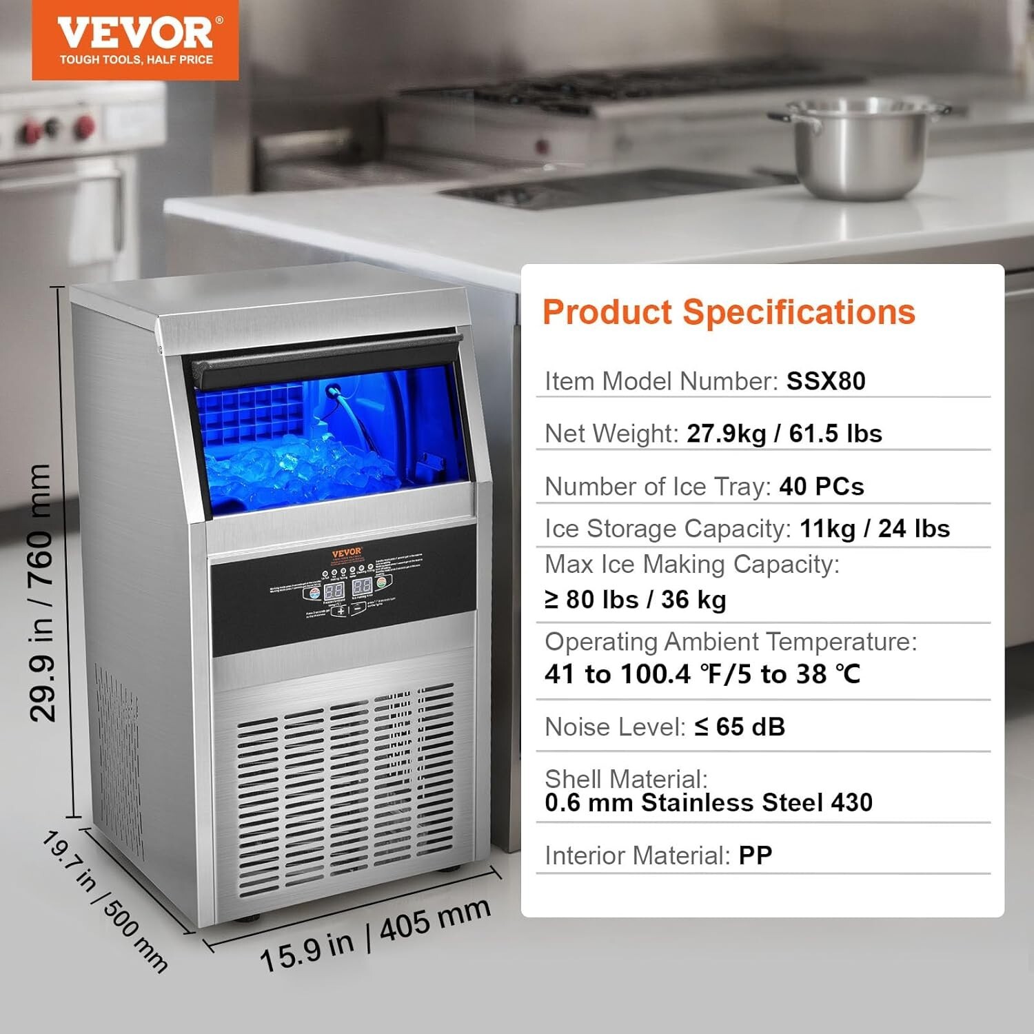Commercial Ice Maker: 80lbs/24H, 40 Ice Cubes in 15 Min, 24lbs Storage Capacity