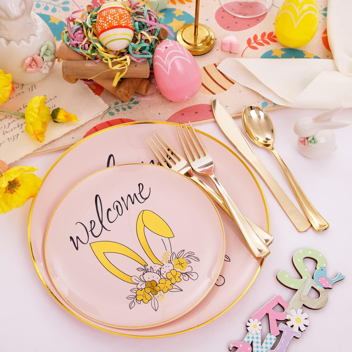 210Pcs Easter Plastic Plates,Pink Gold Party Plates with Bunny Egg Design