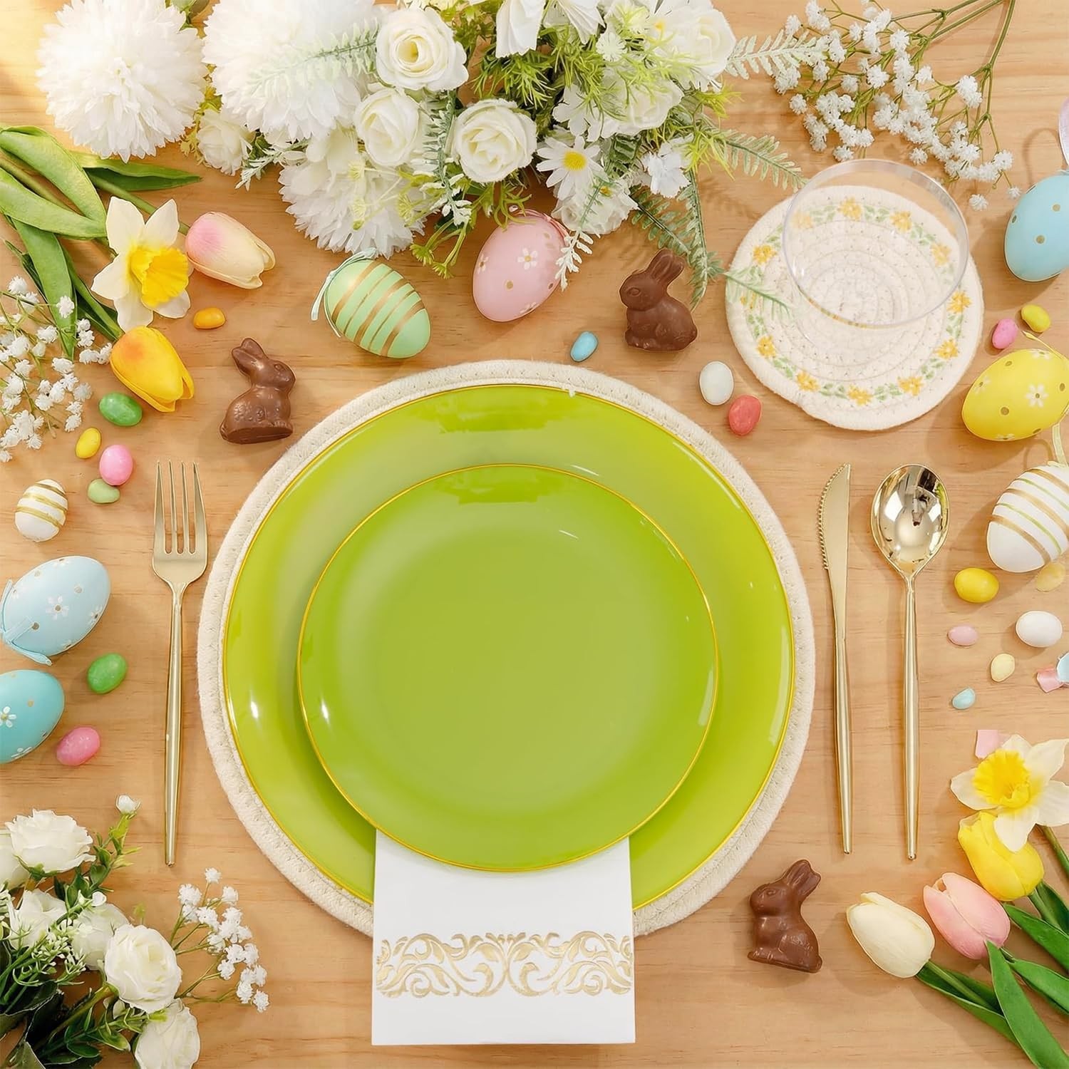 MirthMood 210pcs Green Plastic Plates,Disposable Green Gold Party Plates,Include
