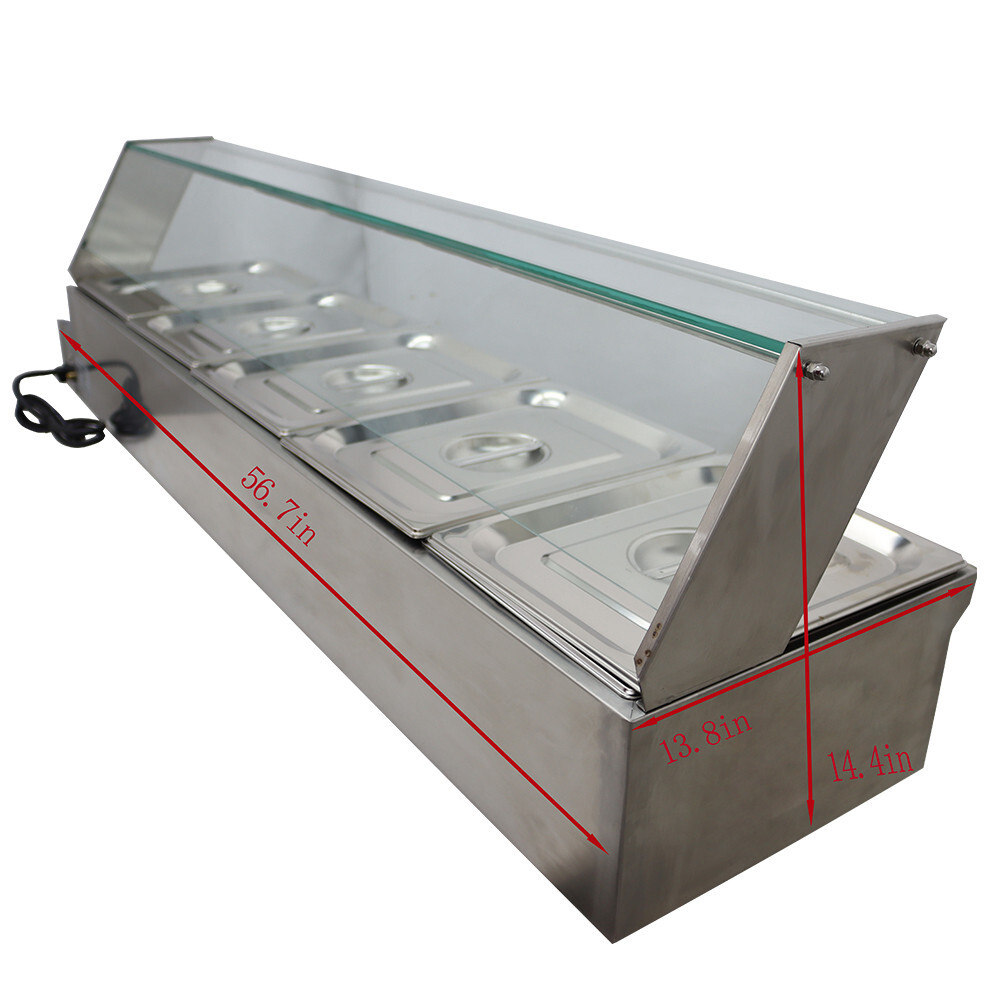 5-Pan 1/2 Size 6″ deep Stainless Countertop Bain-Marie Buffet Food Warmer 110V