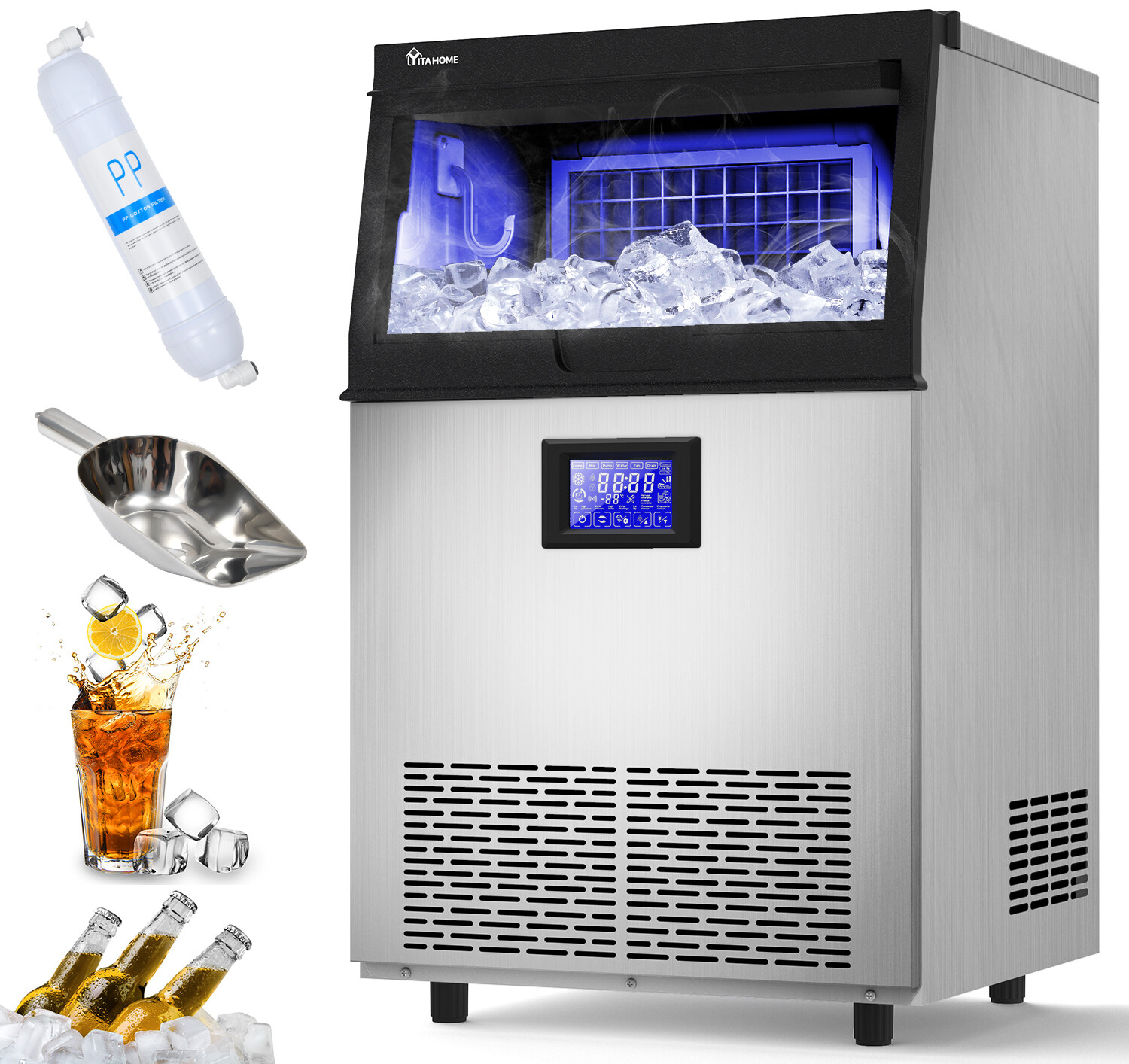 TAUS Commercial 120LBS/24H Ice Maker Stainless Undercounter Ice Cube Machine