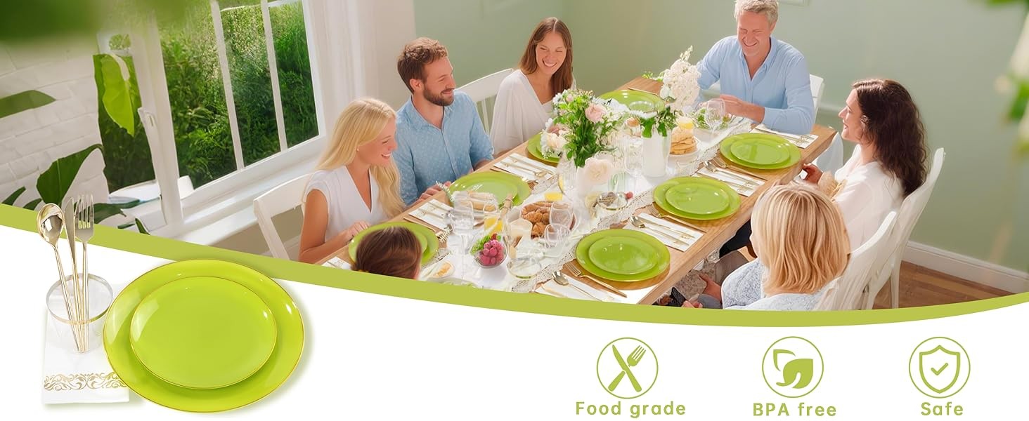 MirthMood 210pcs Green Plastic Plates,Disposable Green Gold Party Plates,Include