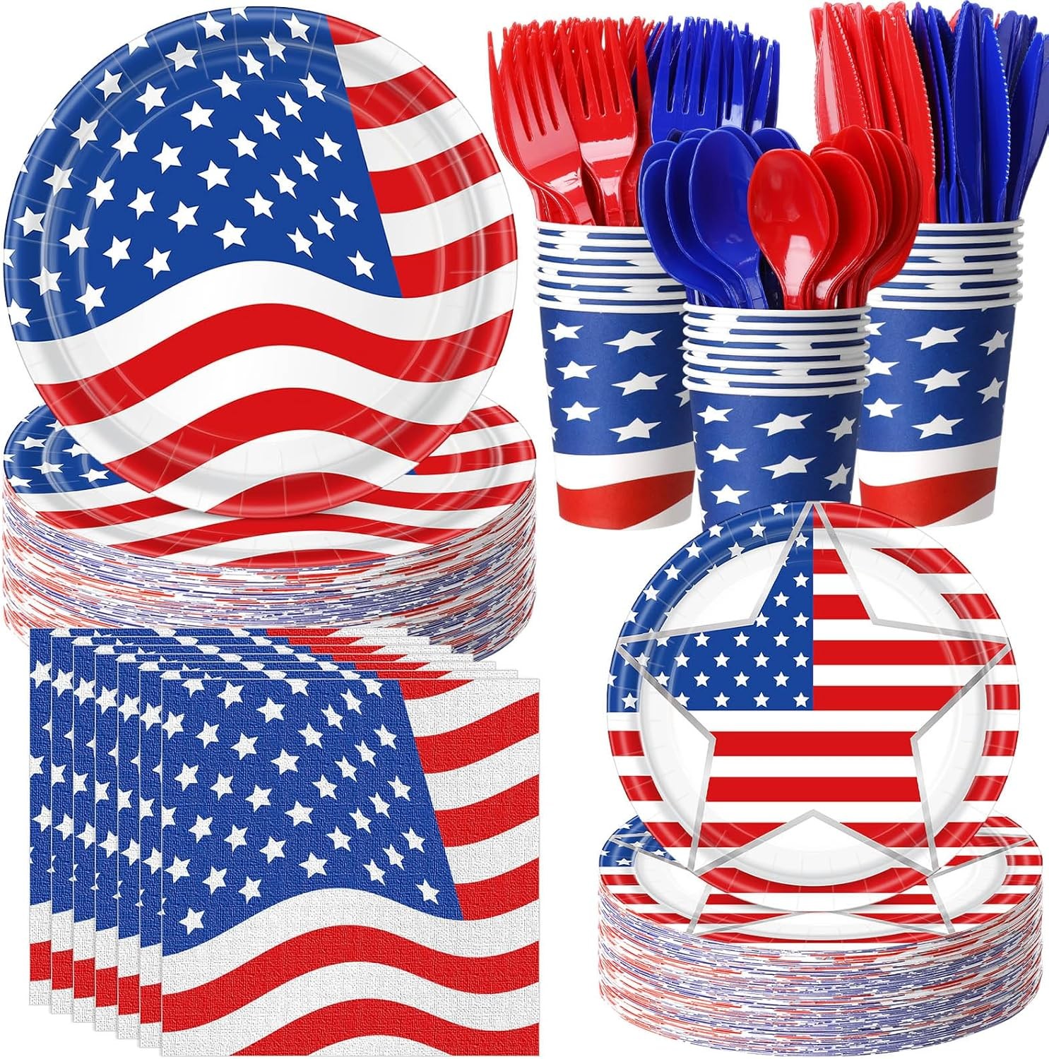 400 Pcs American Flag Patriotic Party Supplies Red White Blue Disposable Paper