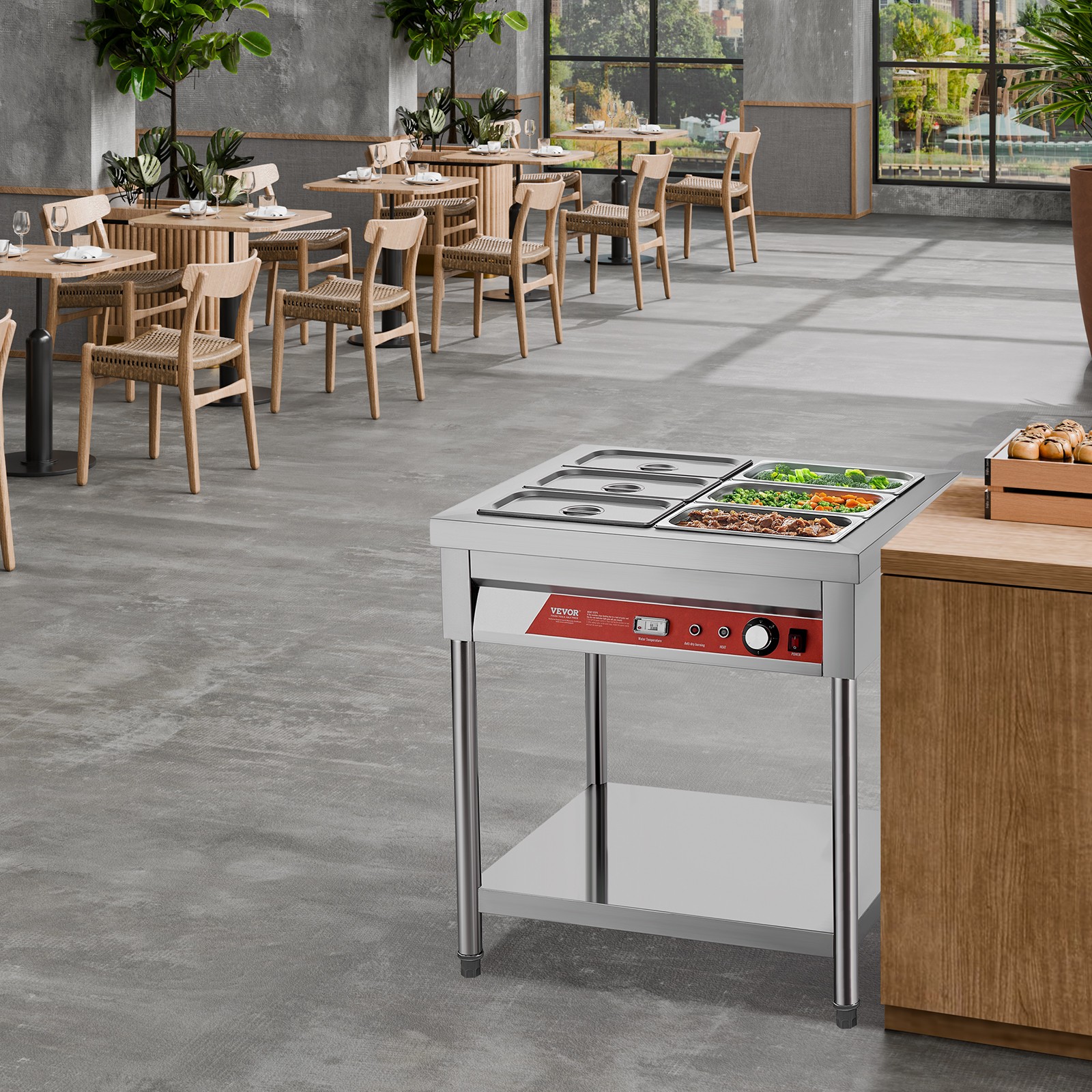 VEVOR 6 x 1/3 Pans Commercial Food Warmer Electric Steam Table with Undershelf