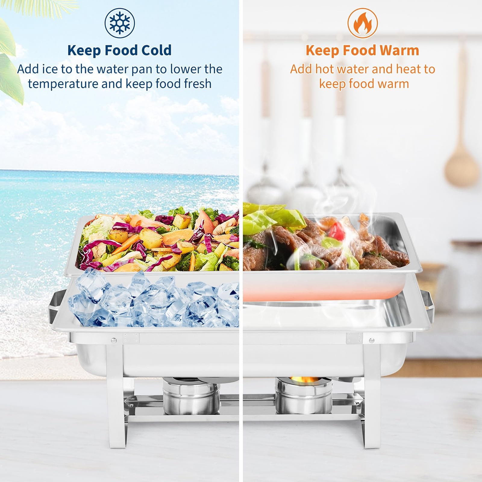 Buffet Warmer Set, 8 QT Rectangle & 5 QT Round Stainless Steel Chafing Pack 6