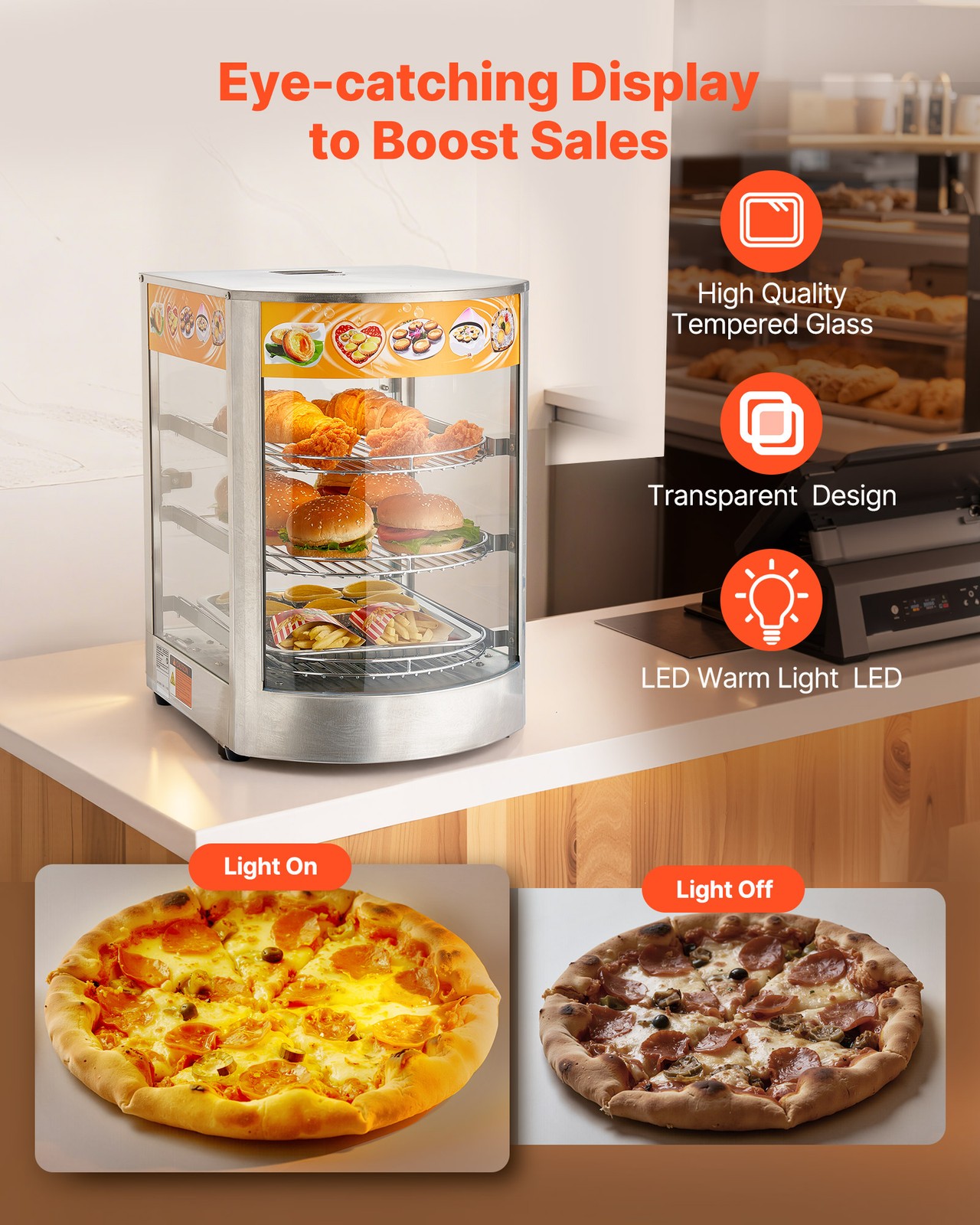 VEVOR 3-Tier Commercial Food Warmer Display Pizza Cabinet 60L with LED Light