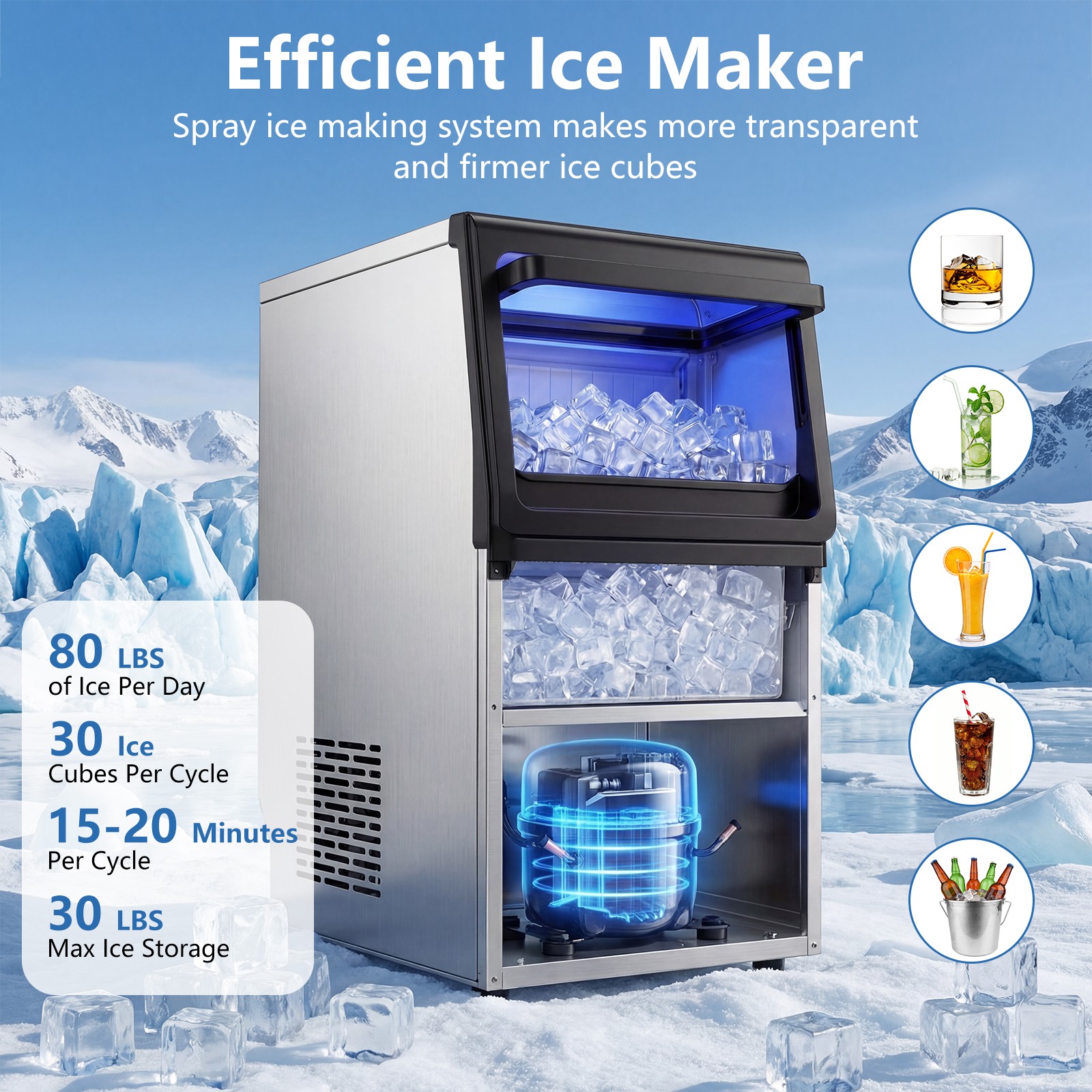 Stainless Steel Ice Maker, Under Counter & Freestanding Ice Making Machine