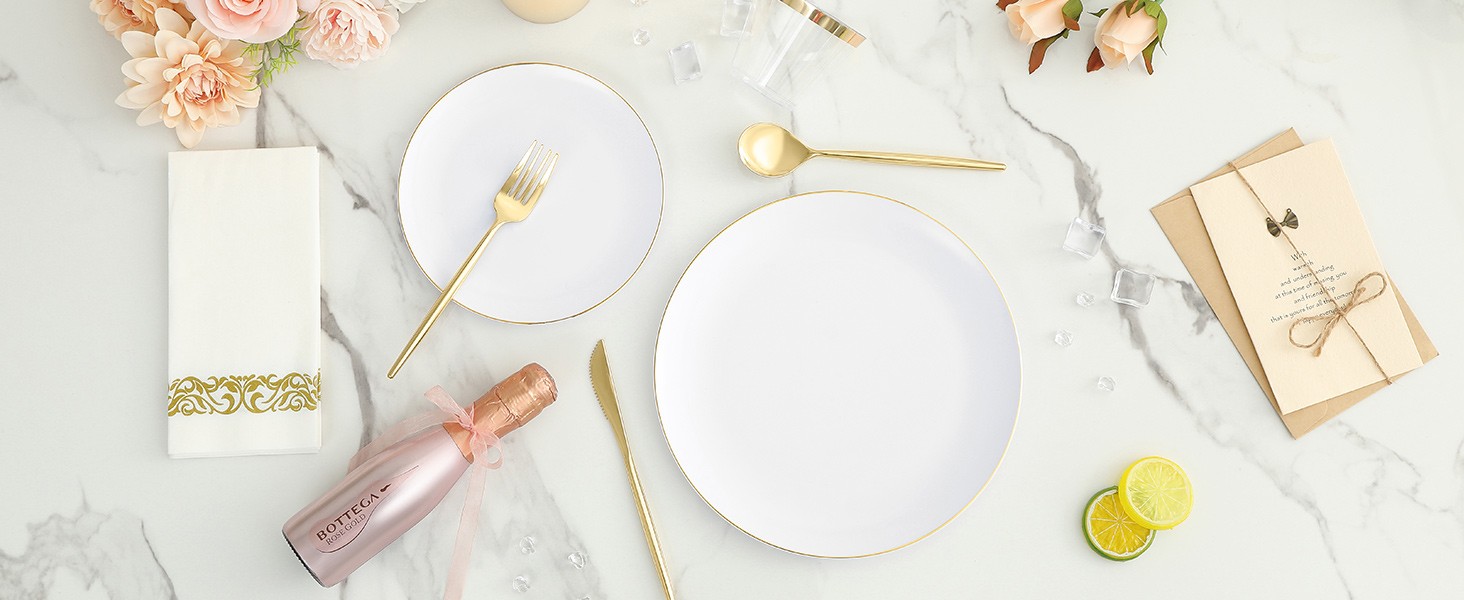 MirthMood 210Pcs Disposable Plastic Plates Set, Gold and White Plastic Party