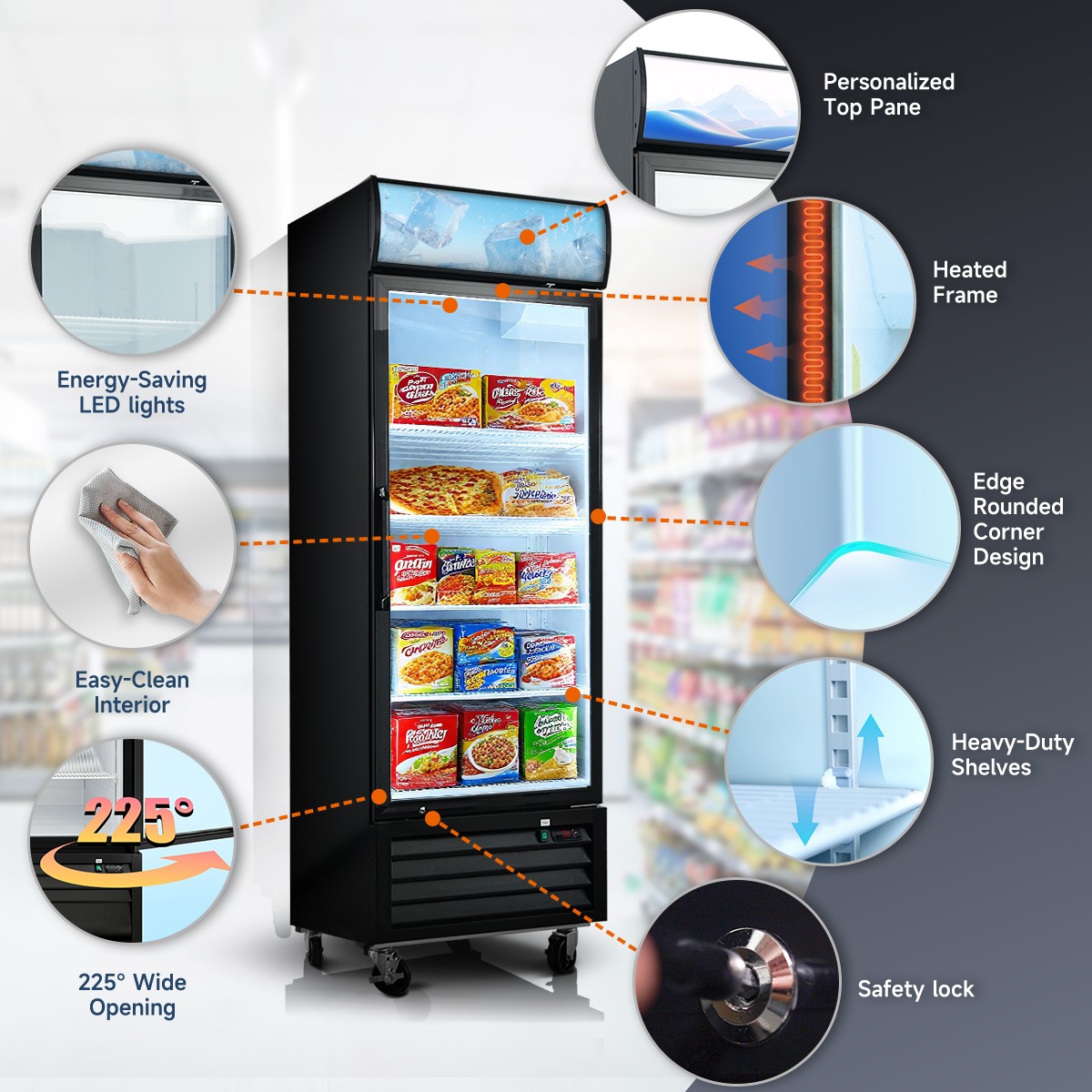 Single Door Commercial Upright Display Freezer Merchandiser Glass Doors Freezer