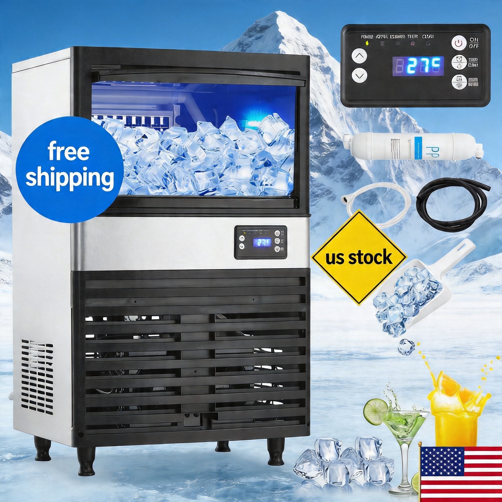 Commercial Ice Stainless Steel, 150LBS/24H Ice Making Machine with 30LBS Maker