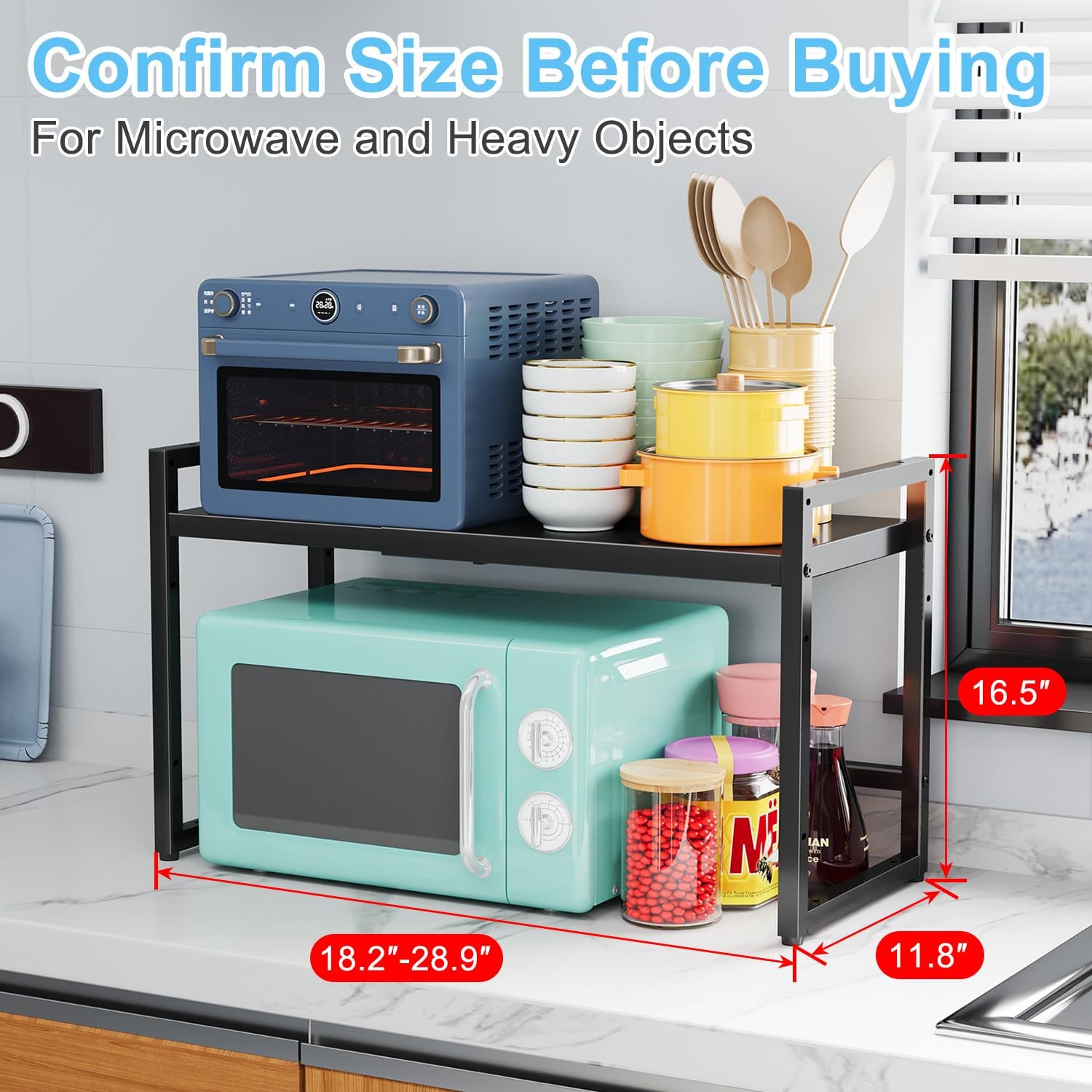 Expandable Metal Storage Shelves, 1 Tier：11.8″D x 28.9″W x 16.3″H, Black