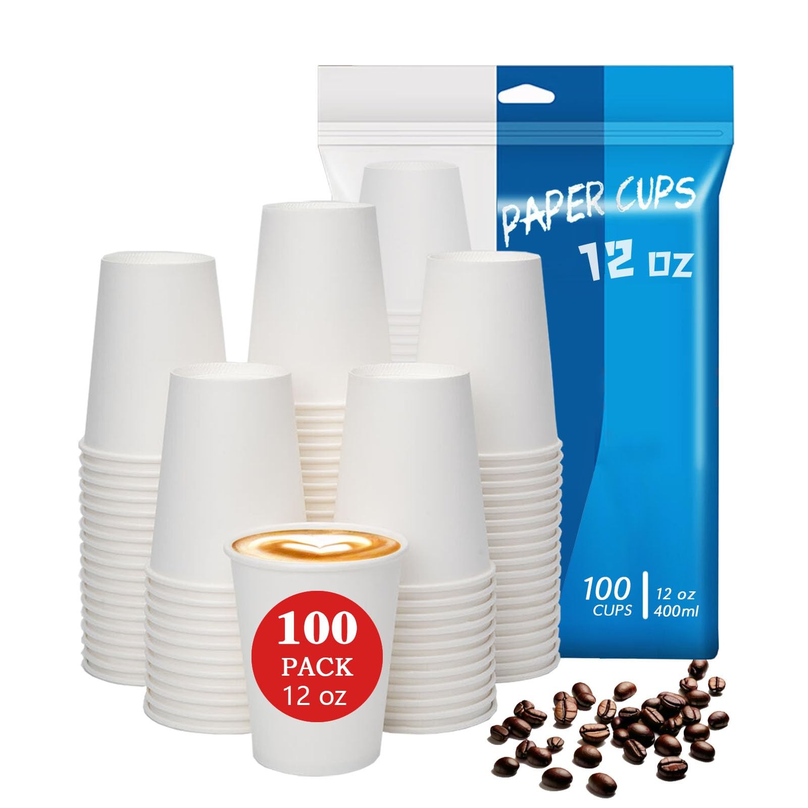 100 Count 12 Oz Paper Cups, Hot Paper Coffee Cups 12 Oz, Leak-Proof Disposable C