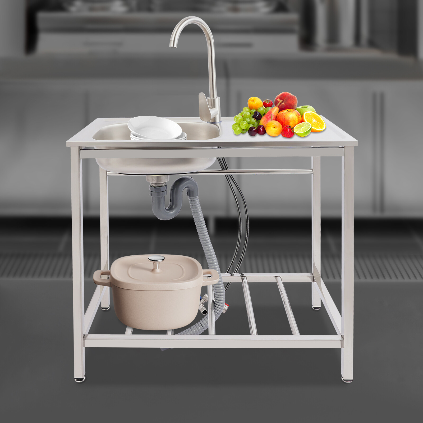 Stainless Steel Utility Sink, Free Standing with Faucet & Drainpipe for Homes